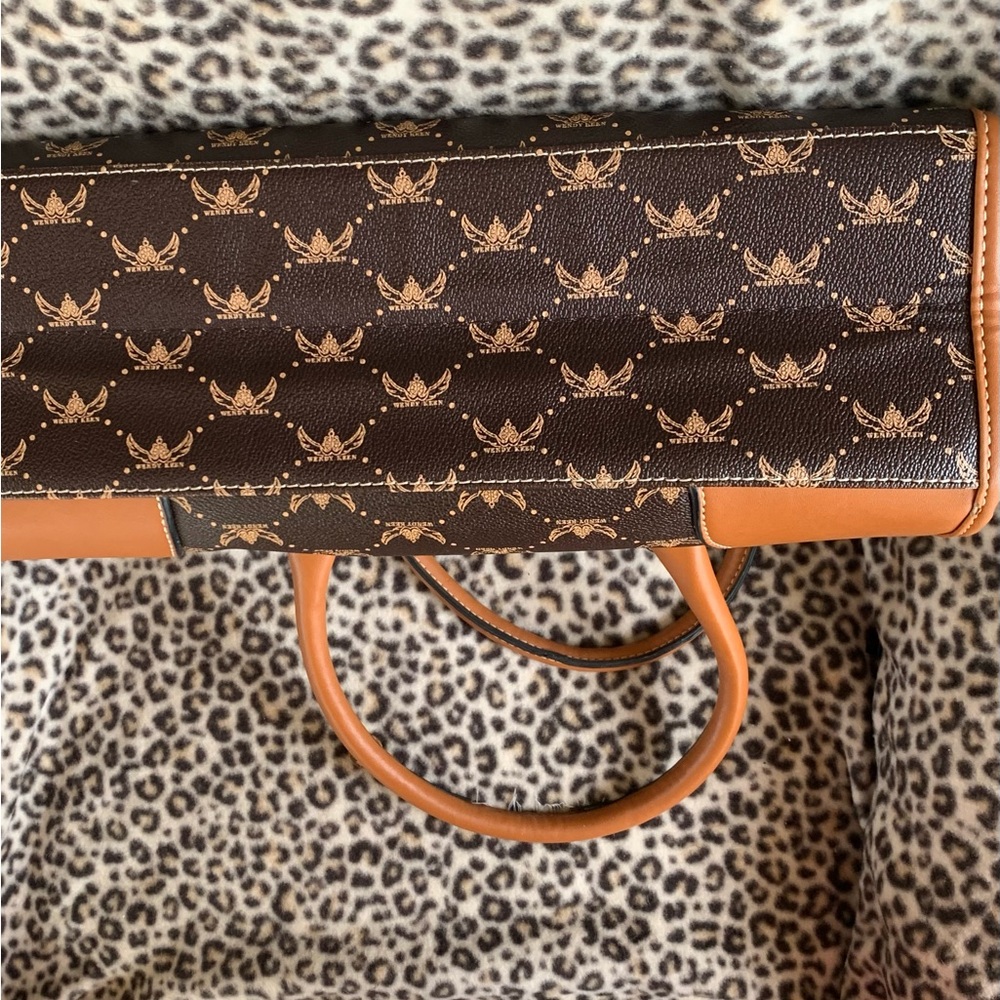 Brown and Tan Monogram Satchel Handbag with Gold Accent - Picture 3 of 10